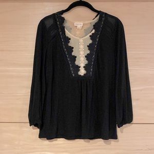 Anthropologie Black & Cream Shirt with Sheer details size S